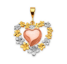 Load image into Gallery viewer, Tricolor Solid 14k Gold Rose Heart Necklace - Cubic Zirconia Flower Pendant 30 mm 20 mm - Real Gold Love Jewelry
