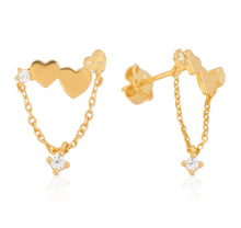 Load image into Gallery viewer, Triple Heart Solid 14k Yellow Gold Earrings - 3 heart CZ Diamond Stud - Long Chain Earrings - Cartilage Tragus Push Back 7mm 10mm
