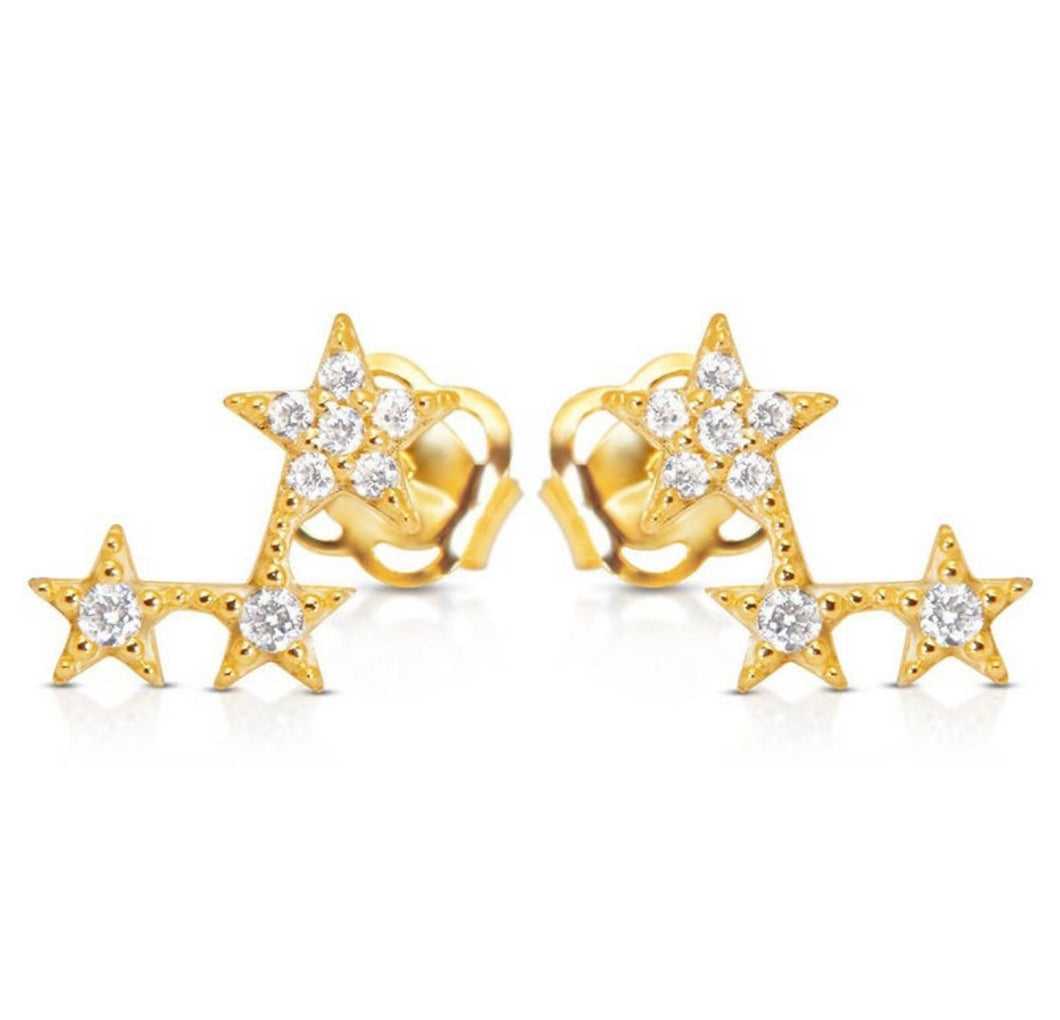 Triple Star Solid 14k Yellow Gold Diamond - Solid 14K CZ Diamond Stud - White 4mm 10mm Gold Earrings - Notthern Star Earrings Solid 14k Gold