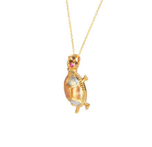 Load image into Gallery viewer, Solid 14k Yellow Gold Turtle Necklace - Good Luck Symbolic Tortoise Charm - Minimal Hawaiian Charm Necklace - Gold Rubi Eye Turtle Necklace
