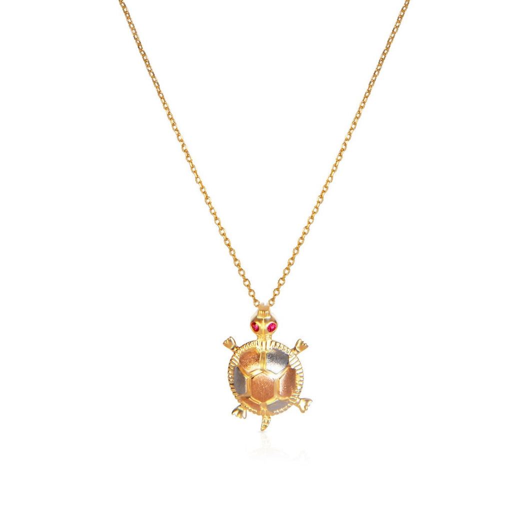 Solid 14k Yellow Gold Turtle Necklace - Good Luck Symbolic Tortoise Charm - Minimal Hawaiian Charm Necklace - Gold Rubi Eye Turtle Necklace