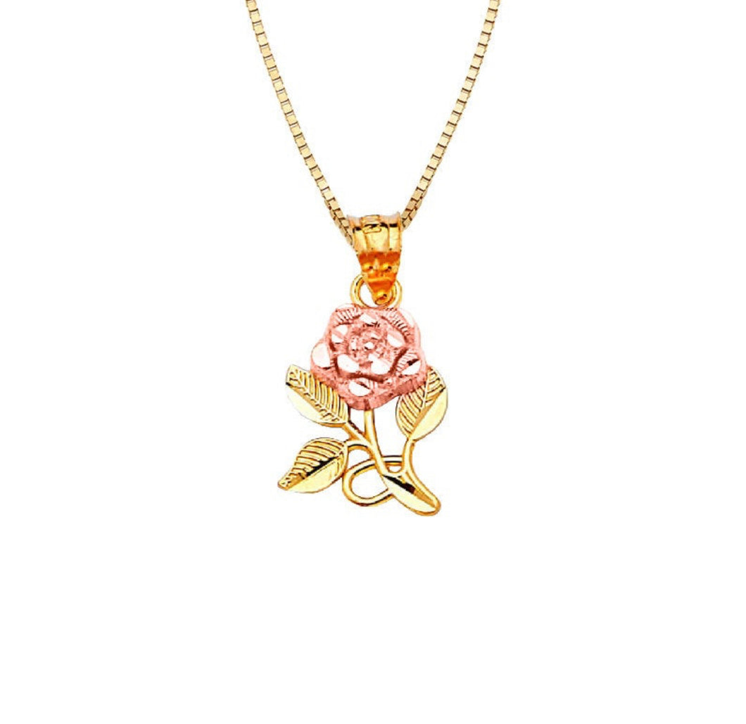 Two Tone 14K Solid Rose Gold Pendant - Red Flower CZ Anniversary Necklace - 13 mm 25 mm Charm Yellow Chain