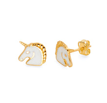 Load image into Gallery viewer, Unicorn Solid 14K Gold Stud - Yellow/White Simple Animal Lover Stud - Tiny Princess Horse Earrings - Push Back 8mm Jewelry
