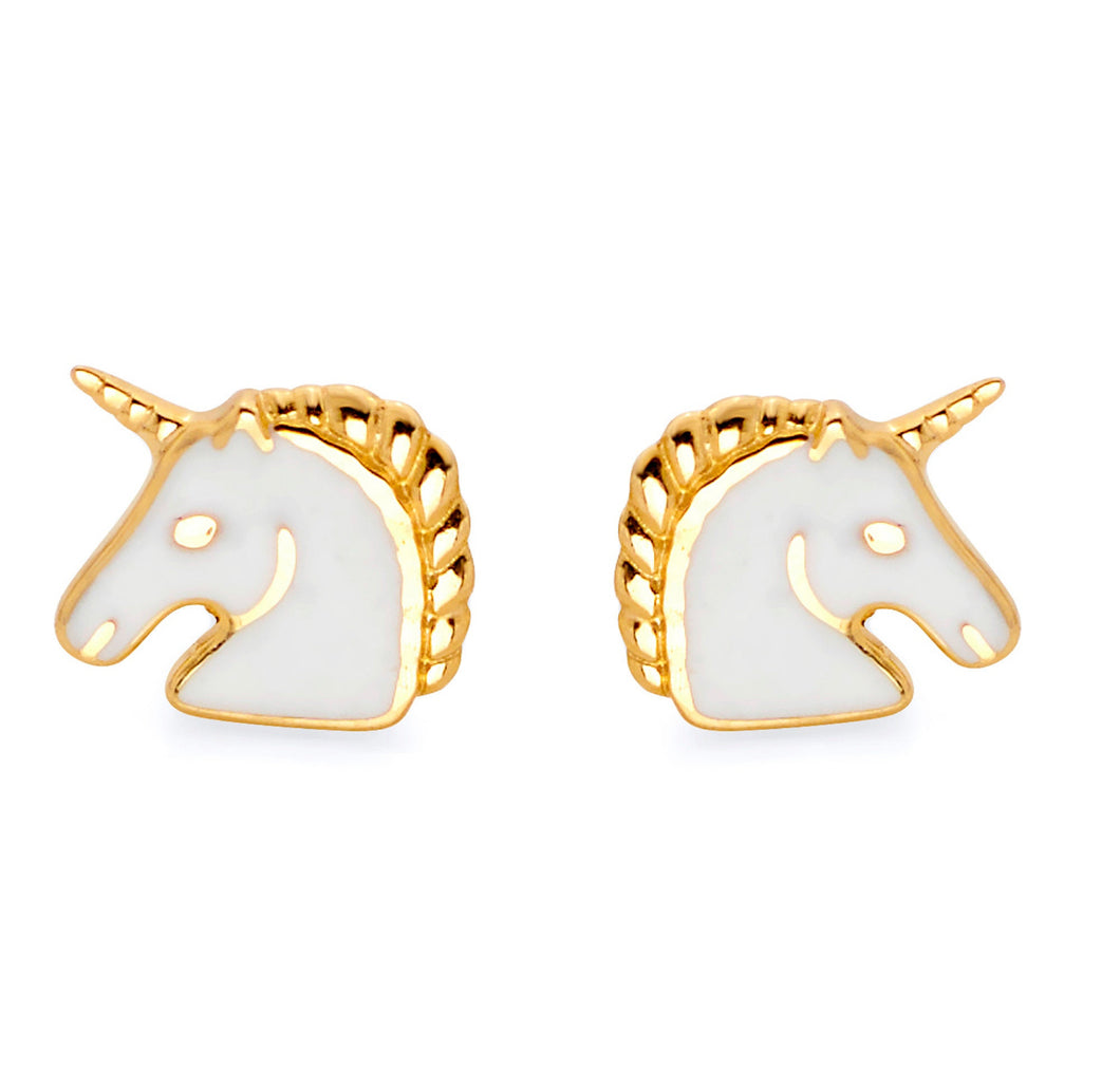 Unicorn Solid 14K Gold Stud - Yellow/White Simple Animal Lover Stud - Tiny Princess Horse Earrings - Push Back 8mm Jewelry