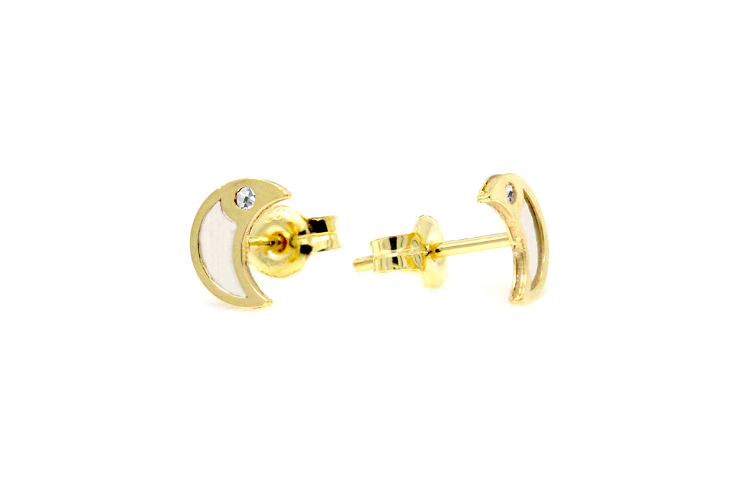 Moon 14k Real Solid Gold Stud - Yellow Dainty Crescent Earrings - Tiny CZ Diamond Earrings - Push Back Celestial 4-12 mm