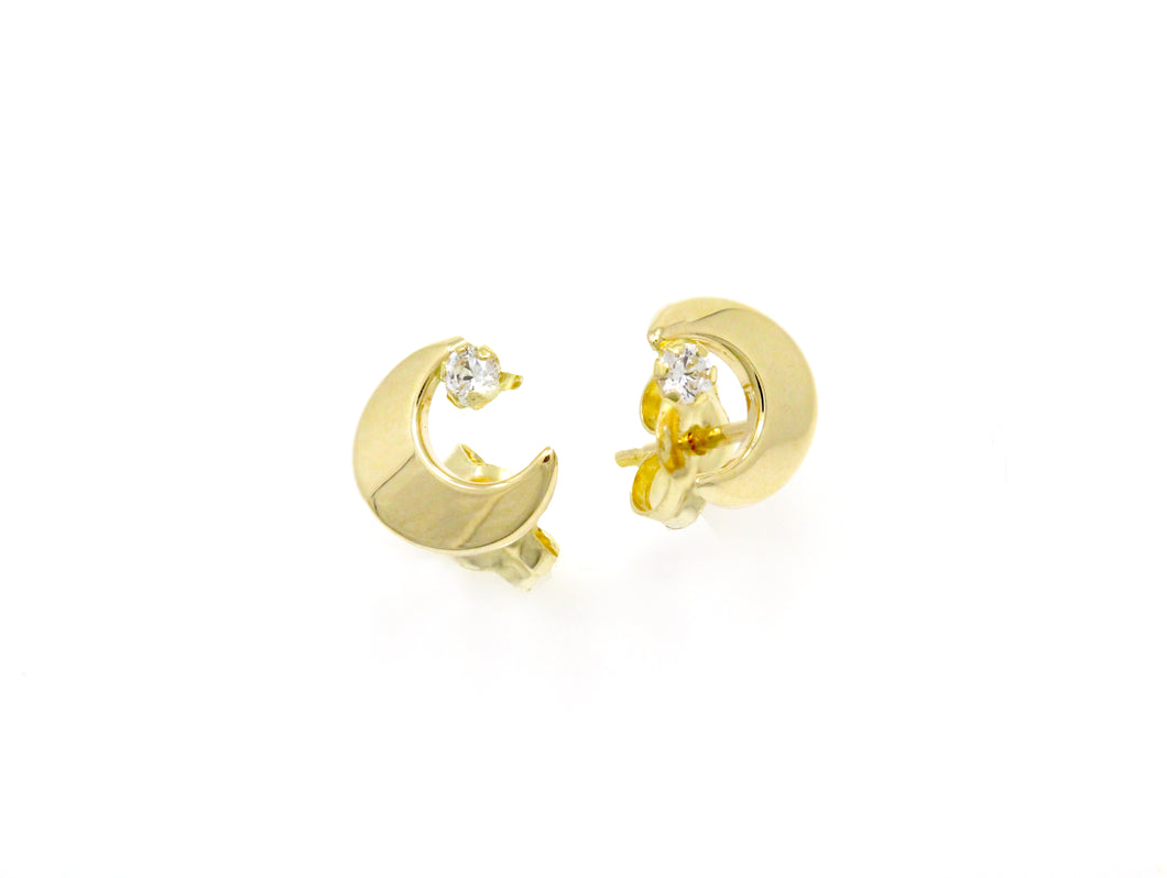 Moon and Star 14k Solid Gold Stud - Yellow White Crescent Earrings - CZ Diamond Earrings - Push Back Celestial 9-7mm - Sold By Paris
