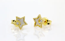 Load image into Gallery viewer, Star 14k Real Solid Gold Stud - Yellow Dainty Crescent Earrings - White Tiny CZ Diamond Earrings - Push Back Celestial 8/11 mm
