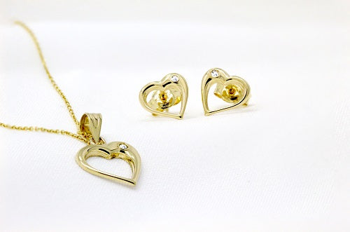 Solid 14k Yellow Gold Open Heart Necklace Earring - CZ Diamond Jewelry Set - High Quality Ladies Pendant Charm - Love Gold Jewelry Set