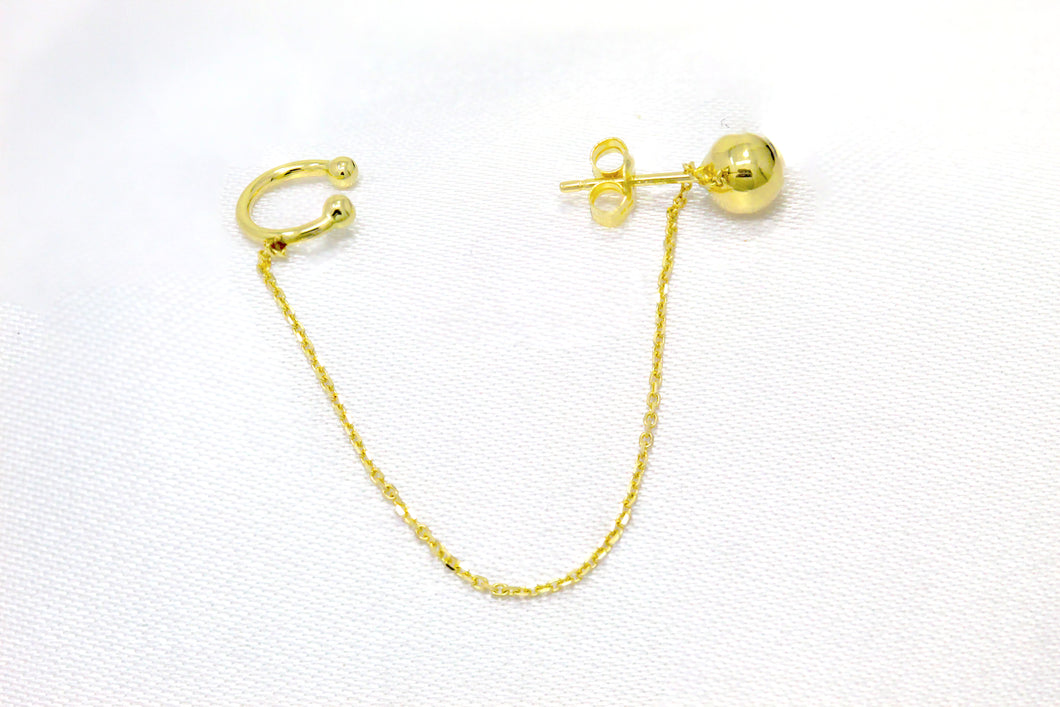 14k Yellow Gold Ear Cuff Earring - Dainty Piercing Earring - Real Gold Stud - Screw Back Ball Chain 35mm 5mm