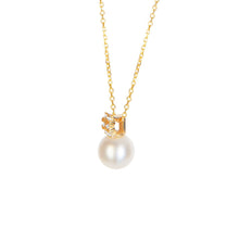Load image into Gallery viewer, Solid 14k Yellow Gold Diamond Pearl Necklace - White Floating Pearl Pendant - Bridesmaid Elegant Gift - Diamond Freshwater Cream Pearl
