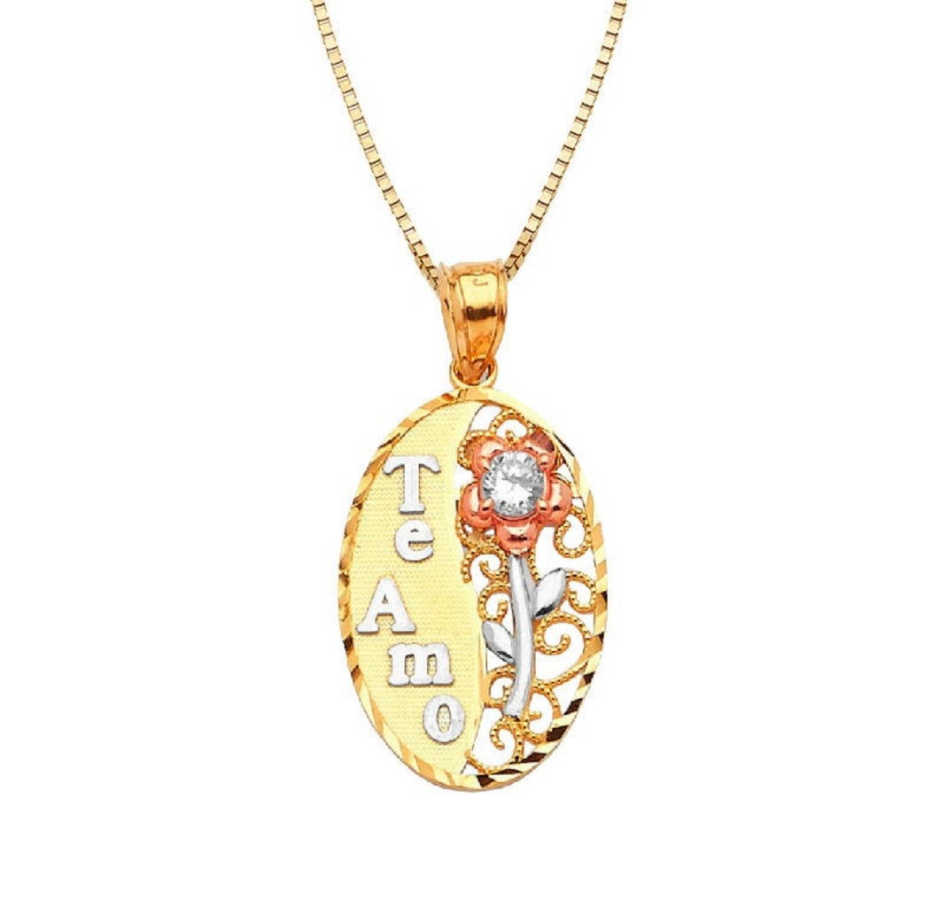 14K Solid TriColor Rose Gold Pendant - Red Flower CZ Diamond Necklace - Oval shaped White Te Amo Love Necklace - Charm Yellow Chain