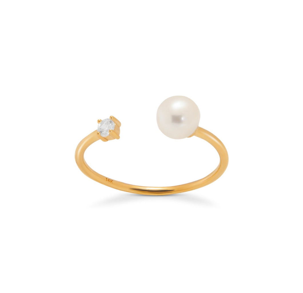 Classic Solid 14K Gold Pearl Rings - Yellow Solitaire Ring - Real Pearl Gold Ring