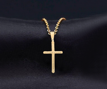 Load image into Gallery viewer, Solid 14k Yellow Gold Cross Necklace - Link Bar CZ Diamond Religious Pendant - Unisex Baptism Gift - Crucifix Necklace
