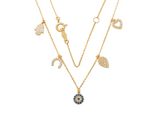 Load image into Gallery viewer, Solid 14k Yellow Gold Diamond Multi Sigh Necklace - Diamond Evil Eye Necklace - 14k Solid Gold Nazar Hamsa Good Luck Pedant Necklace
