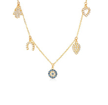 Load image into Gallery viewer, Solid 14k Yellow Gold Diamond Multi Sigh Necklace - Diamond Evil Eye Necklace - 14k Solid Gold Nazar Hamsa Good Luck Pedant Necklace
