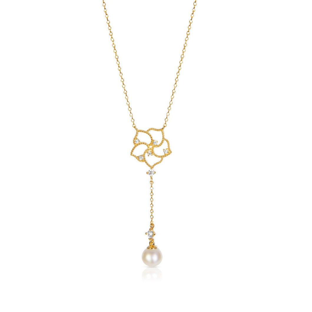 Solid 14k Gold Flower Necklace - Diamond Drop Pearl Pendant - Leaf Fresh Water Round Ball Pearl Necklace