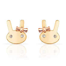 Load image into Gallery viewer, Bunny 14k Solid Gold Earrings - Diamond Eyes Yellow Earrings - Push Back Rose Bow Earrings - Solid Diamond Buddy Earring
