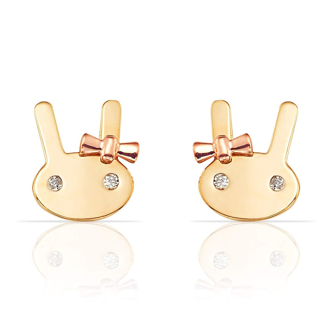 Bunny 14k Solid Gold Earrings - Diamond Eyes Yellow Earrings - Push Back Rose Bow Earrings - Solid Diamond Buddy Earring