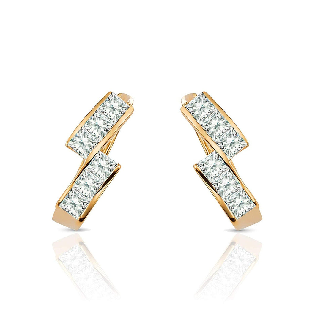 Simple 14K Solid Yellow Gold Earrings - Women Cubic Zirconia Set - Diamond Hoop Huggie Earring - White Gemstone Elegant Jewelry Style
