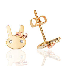 Load image into Gallery viewer, Bunny 14k Solid Gold Earrings - Diamond Eyes Yellow Earrings - Push Back Rose Bow Earrings - Solid Diamond Buddy Earring

