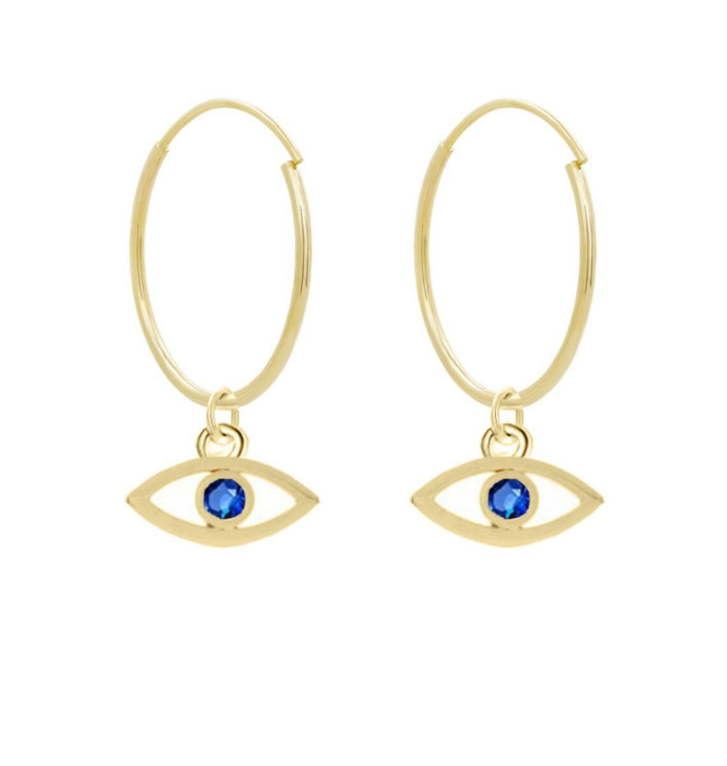Solid 14k Gold Topaz Hoops - Evil Eye Dangle Gemstone Earrings - Protection Hypoallergenic Good Luck - Real Gold Religious Earrings