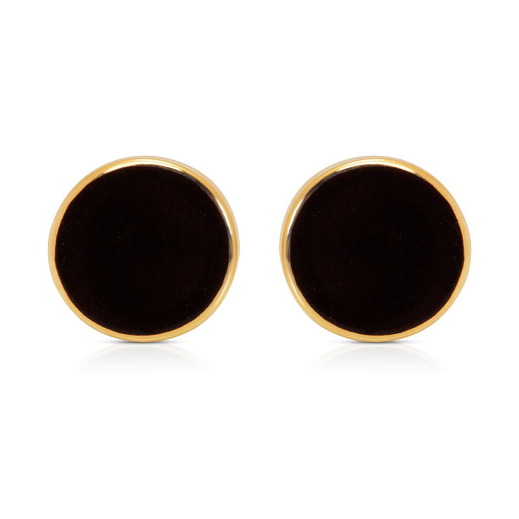 Solid 14k Yellow Gold Disk Onyx Stud Earring, 14K Gold Border Black Onyx Circle Earrings, Black Onyx Earrings Studs 14K Gold, Stud Earrings