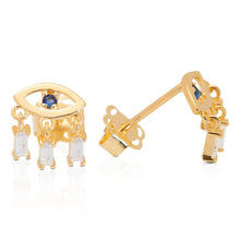 Load image into Gallery viewer, Eye Evil Solid 14k Yellow Gold Stud -Drop 3 baguette Sapphire Earrings - Tragus Push Back Stone Stud 3mm 7mm
