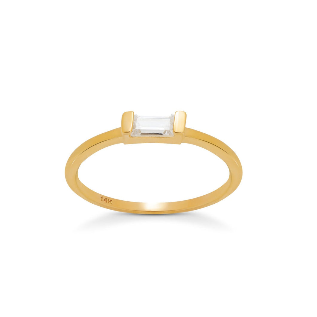 Single Baguette 14k Yellow Gold Anniversary Ring - Minimalist CZ Diamond Solitaire Band -Tiny Wedding Jewelry Set- 2022 Style Engagement Set