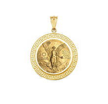 Load image into Gallery viewer, Solid 14K yellow Gold 2, 2.5, 5, 20, 50 pesos | Gold Coin Mounting | Mexican Pesos coins | Prong Set | Greek Key Pattern
