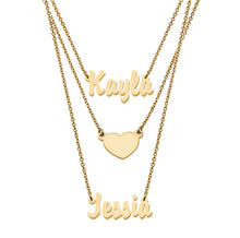 Load image into Gallery viewer, Solid 14k Yellow Gold Couple&#39;s Script Name and Heart Disc Triple Strand Necklace - Solid 14k Gold Name Necklace Personalized Gold Name Chain
