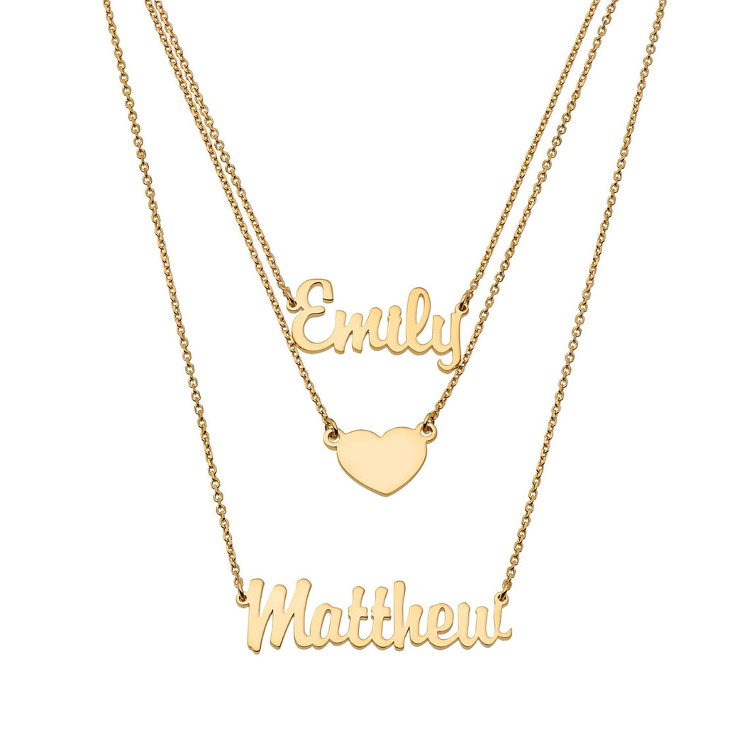 Solid 14k Yellow Gold Couple's Script Name and Heart Disc Triple Strand Necklace - Solid 14k Gold Name Necklace Personalized Gold Name Chain