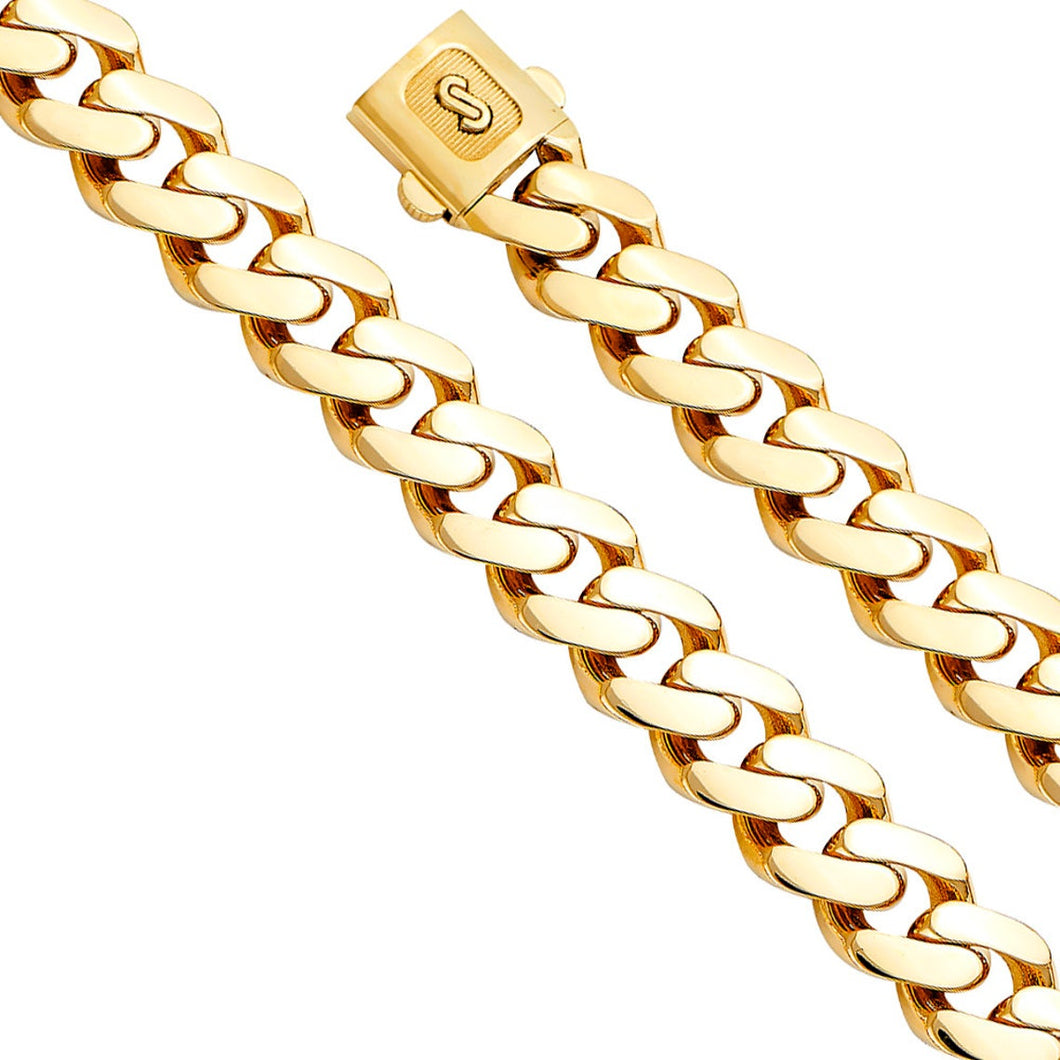 14k 9.5 MM Yellow Gold Edge Cuban Link Monaco Chain Necklace Box Clasp Real Yellow Gold -Monaco 14k Yellow Gold Chain Necklace with Box Lock