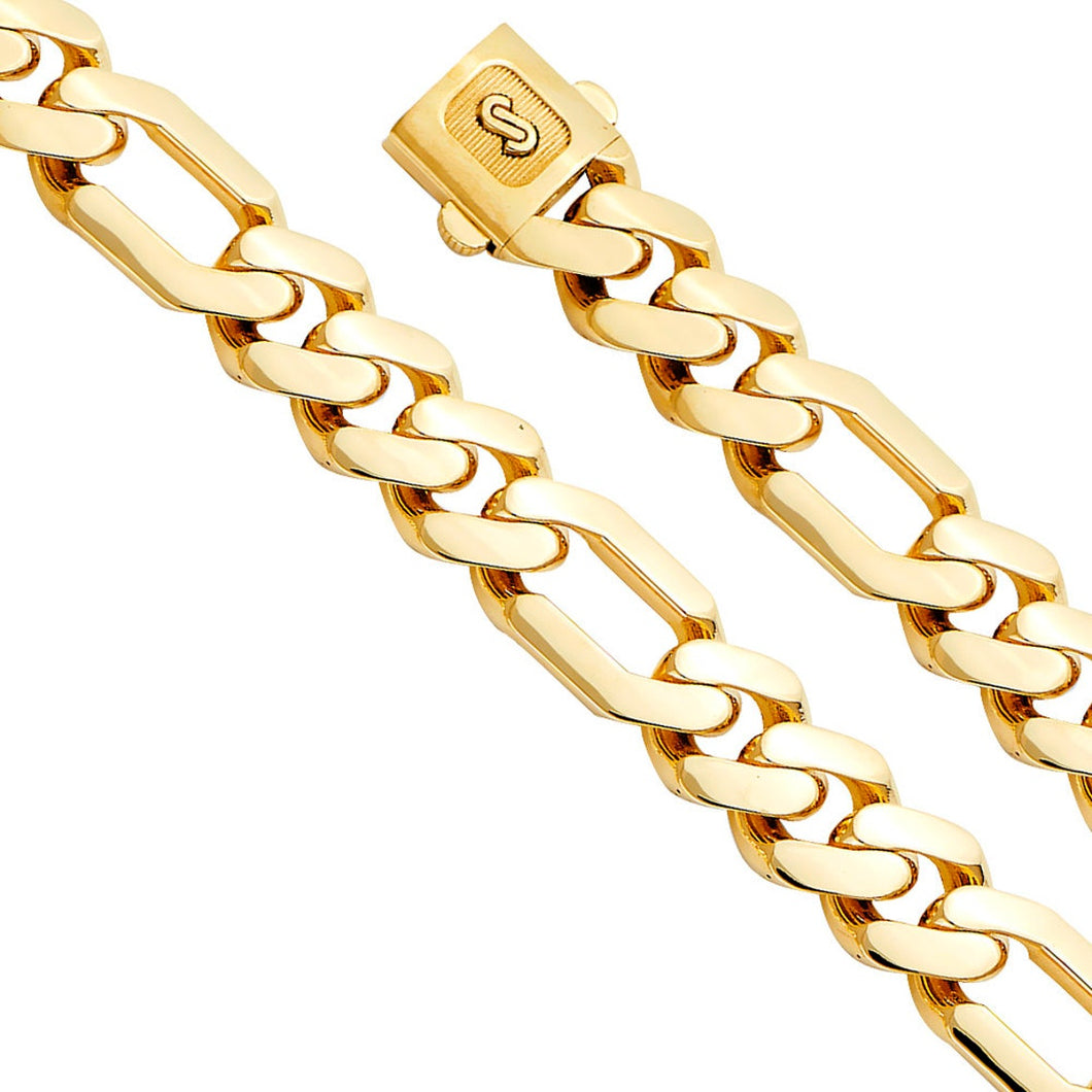 14k Yellow Gold 9.5mm Figaro Link Shiny Chain Bracelet Monaco Chain Real - 14k Yellow Gold Monaco Chain With Box Lock - Figaro Yellwo Gold