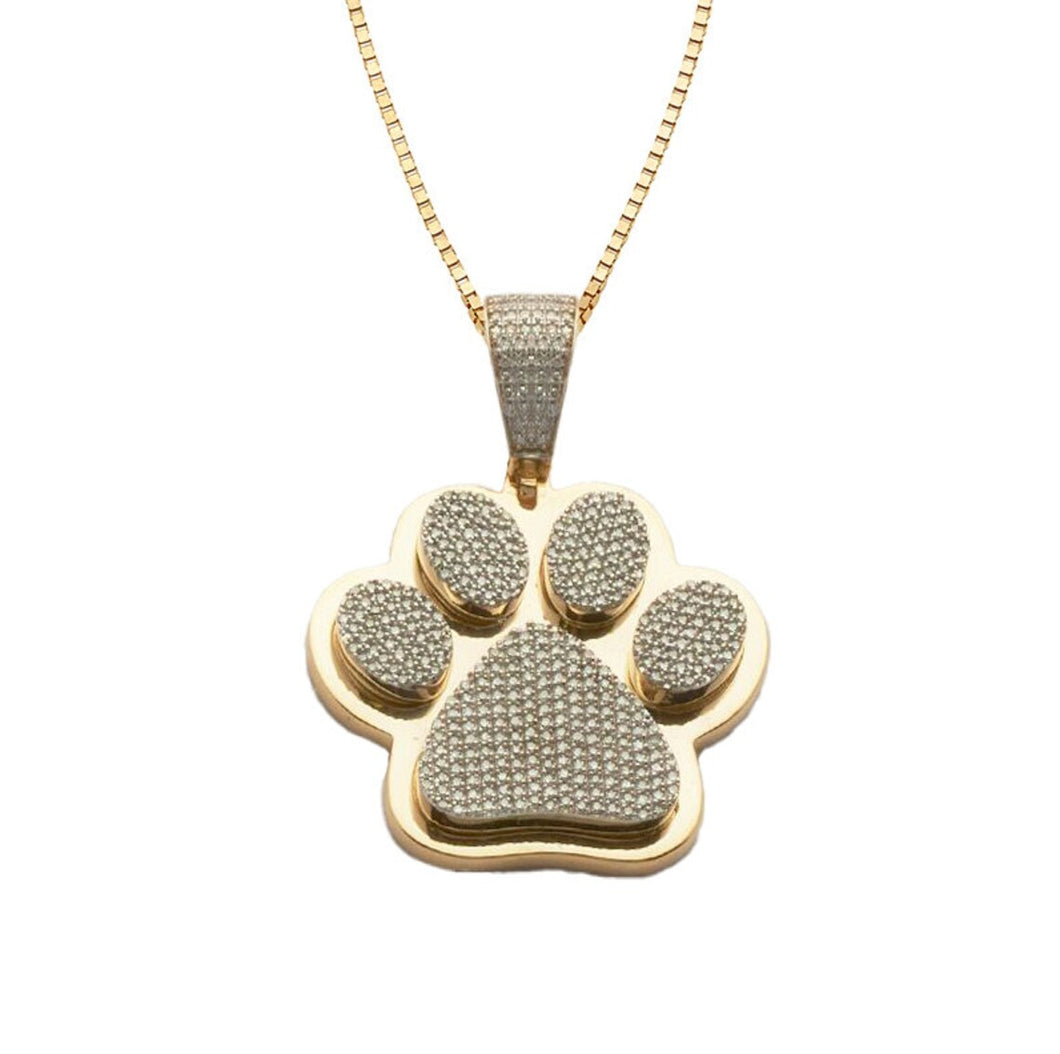 Solid 14k Yellow Gold Diamond Paw Print Necklace - Dog or Cat Paw Charm - 10K Gold Necklace, Diamond Yellow Gold Paw Necklace
