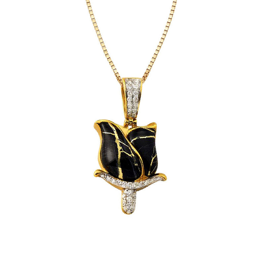 Yellow Gold Diamond and Gold Quartz Rose Necklace - Black Diamond Rose Gold Necklace - Unique Rose Gold Necklace - Rose Gold Jewelry