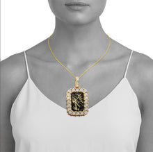 Load image into Gallery viewer, Yellow Gold Diamond Dog Tag Necklace - Cluster Border - Bezel Prongs Diamond - Gold Quartz Necklace - Unique Dog Tag Diamond Necklace
