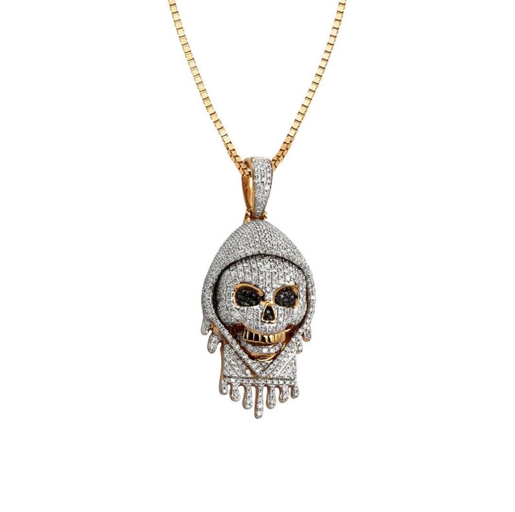 Yellow Gold Black and White Diamond Hooded Skeleton Necklace - Unique Diamond Necklace - Dripping Dia - Skeleton Diamond Necklace
