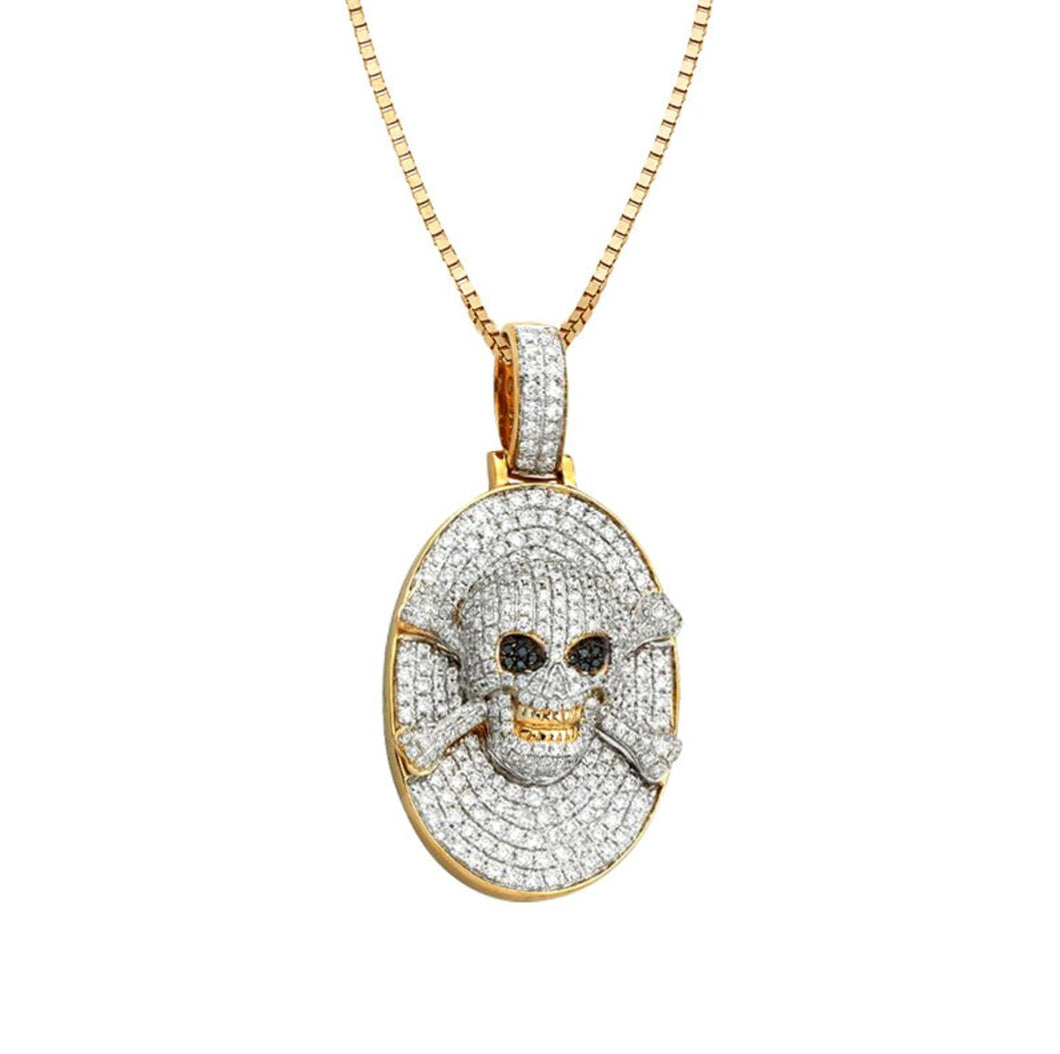 Yellow Gold Oval Pendant Skull and Cross Bones Necklace - Cross Bones Diamond Necklace - Diamond Bones Necklace - Skull Necklace