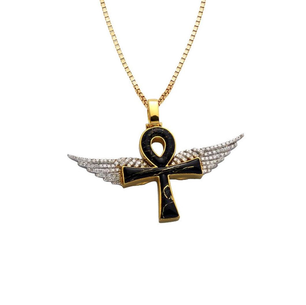 10k Yellow Gold Diamond with Quartz Ankh with Wings Necklaces