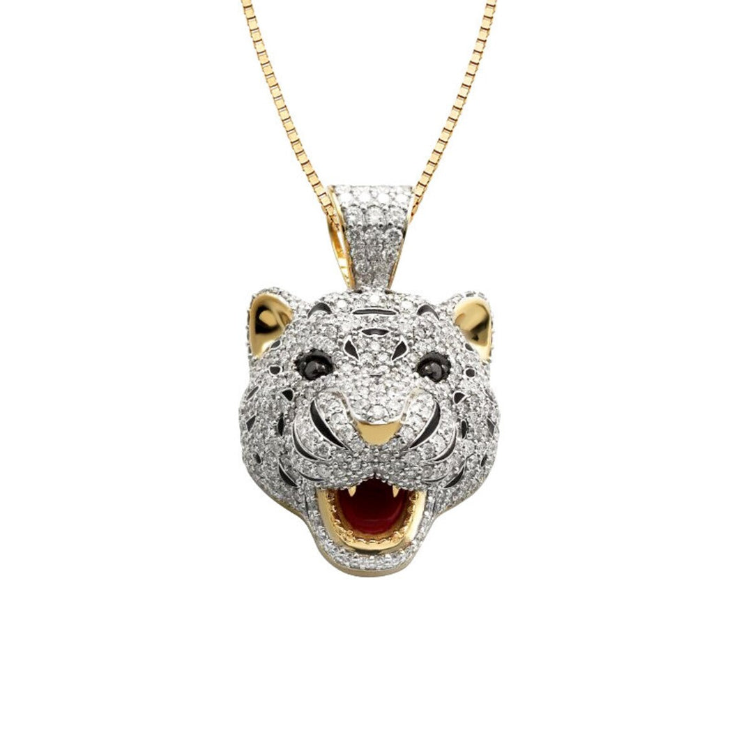 Yellow Gold Diamond Tiger Face Necklace - Red Tongue Tiger Necklace - Diamond Tiger Head Necklace