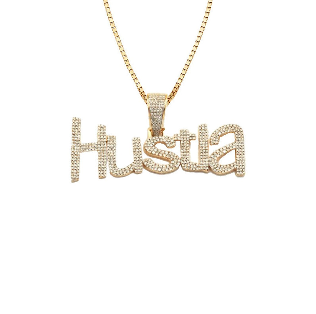 Solid 10k Yellow Gold 1.10CTTW Micro pave Diamond Text Necklace - Gold HUSTLA Diamond Necklace - HUSTLA Diamond Name Necklace
