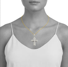 Load image into Gallery viewer, Solid 14k White and Yellow Gold Diamond Cross 2.95 CTTW - Large Diamond Cross - Diamond Cross Necklace - Diamond Double Cross Necklace
