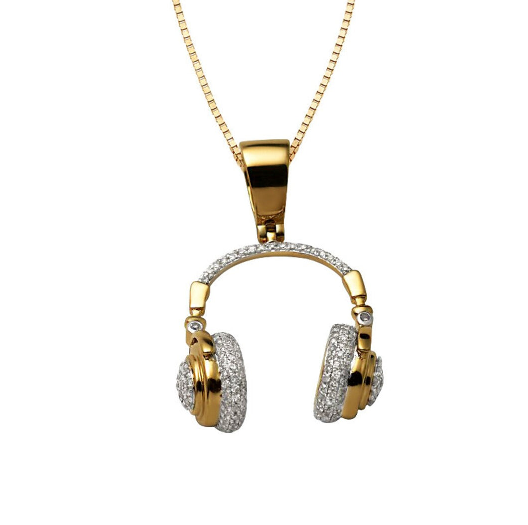 Yellow Gold Real Diamond DJ Necklace for Musician - DJ Men Diamond Pendant - 14k Real Diamond Headphone Pendant - Gold Headphone Necklace