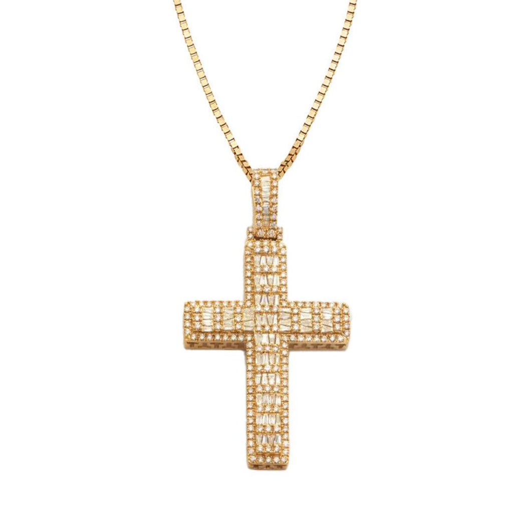 Solid 10k Yellow Gold Diamond Baguette Necklace - 14k Gold Gold Baguette Diamond Cross Hip-hop Iced Necklace - Large Gold Diamond Necklace