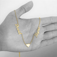 Load image into Gallery viewer, Solid 14k Yellow Gold Personalized 2 Name Necklace with Charm - Custom Couples Necklaces - 14k Gold Necklace - Dainty Family Necklace
