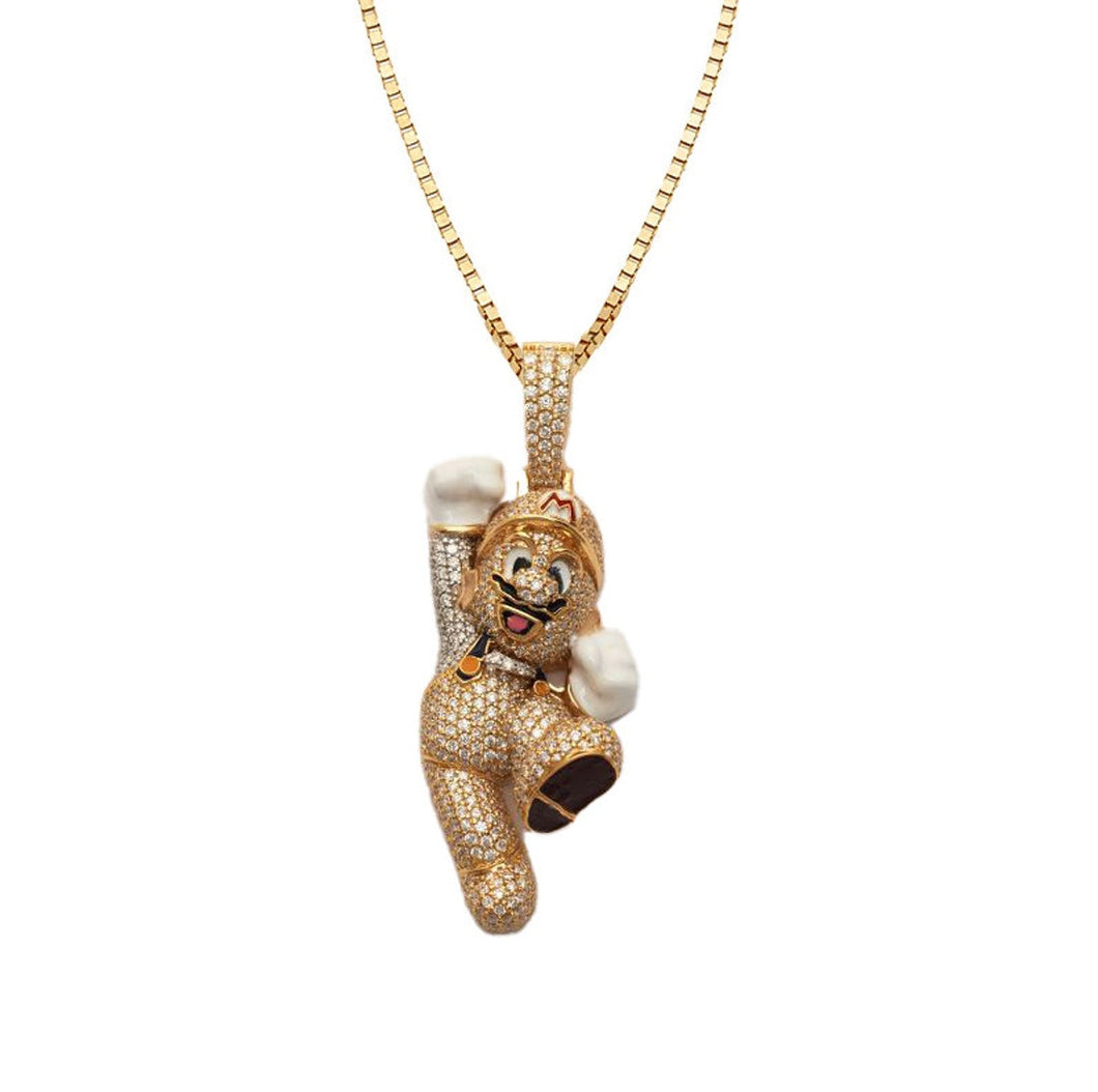 Solid 10k Yellow Gold Diamond Mario Necklace - Mario Diamond Pendant - Super Mario Gold Pendant - Gold Diamond Necklace