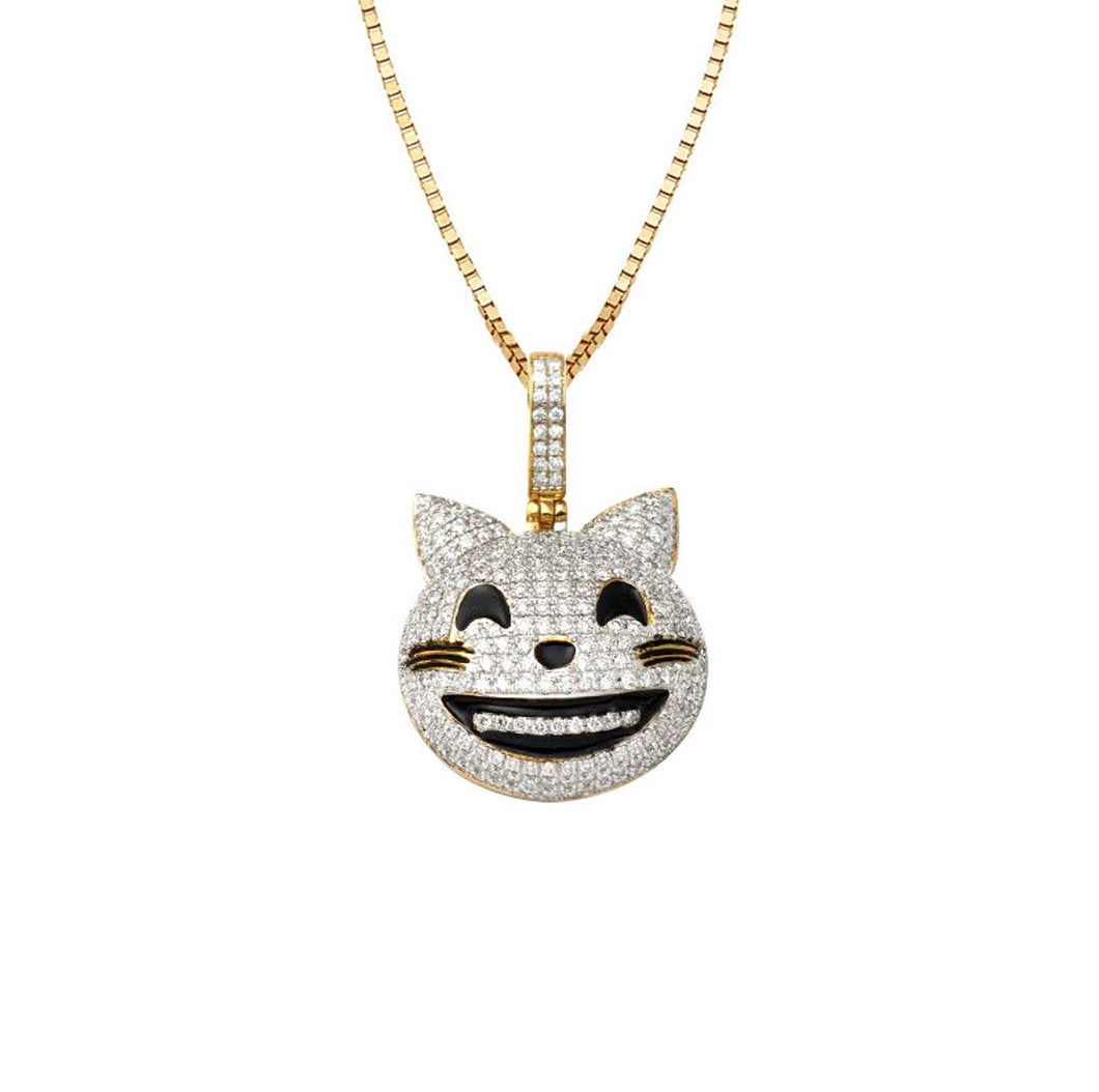 Solid Yellow Gold Cat Emoji Happy Face Necklace - Diamond Emoji Necklace - Gold emoji Necklace - Happy Face Cat Necklace - Emoji Necklace