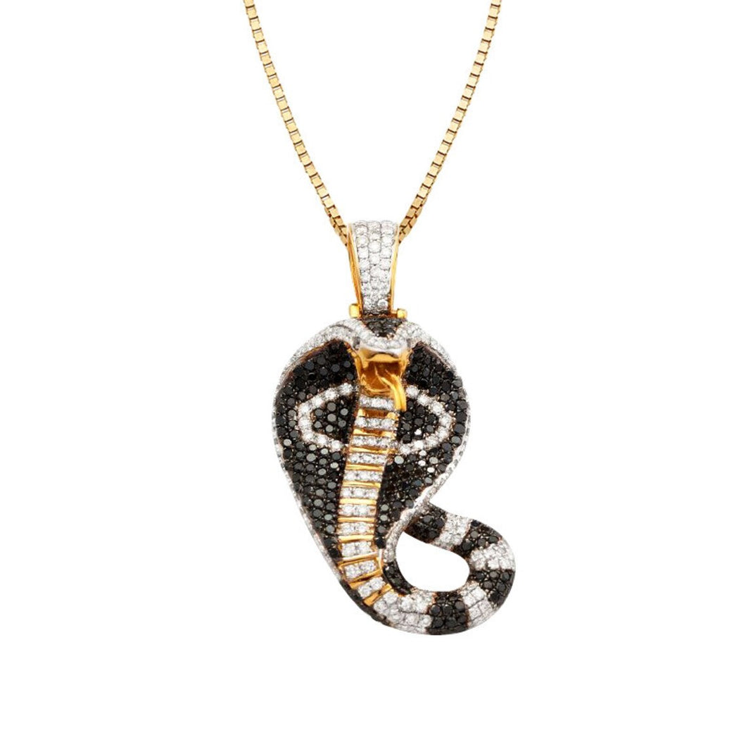 Yellow Gold Black and White Diamond Cobra Snake Necklace - Cobra Necklace - Diamond Snake Necklace