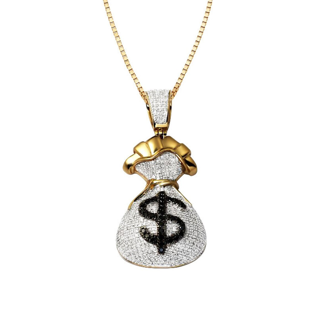 Yellow Gold Money Bag Moissanite Diamond Necklace - Hip hop money bag diamond Necklace - Gold Black Diamond Money Bag Necklace
