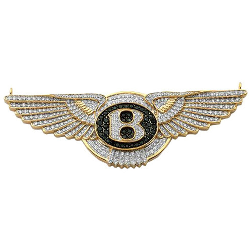 Yellow Gold Black and White Diamond Bentley Pendant Men's Flying B Logo Wing Charm